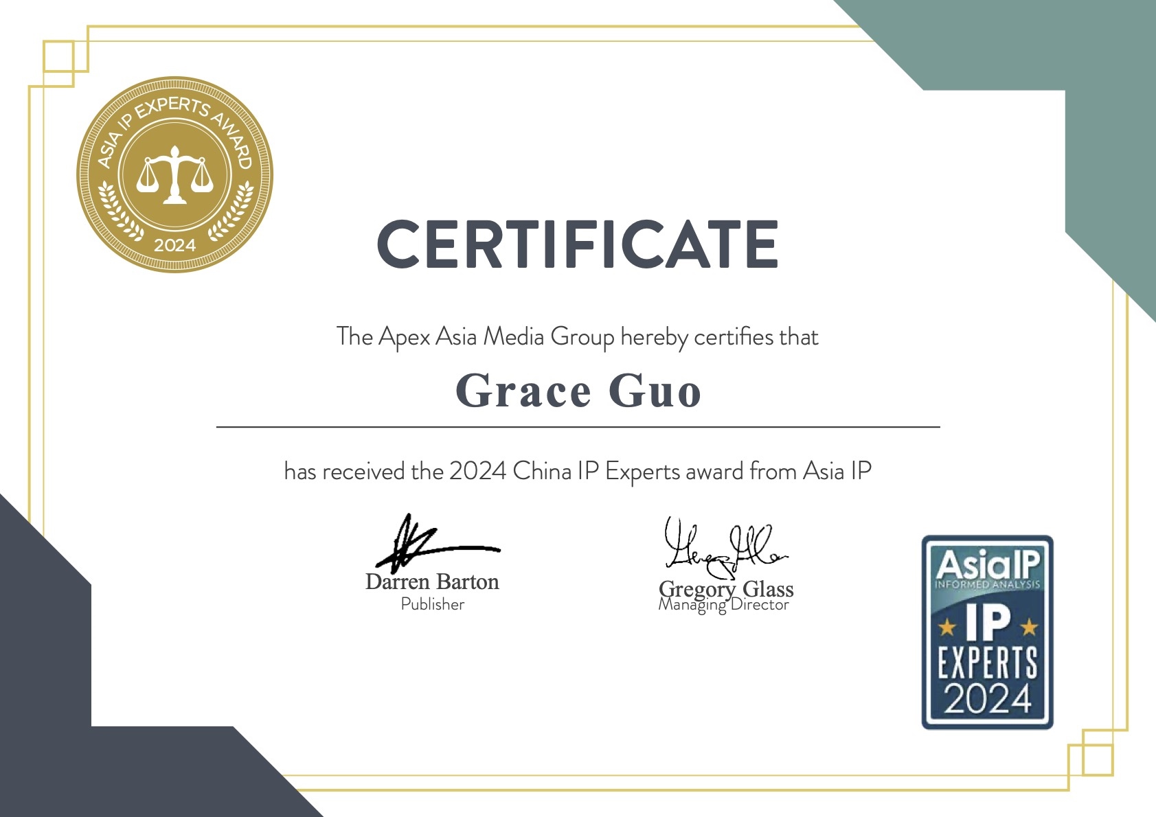 Asia IP Experts 2024 - China - award certificate - Grace Guo.jpg